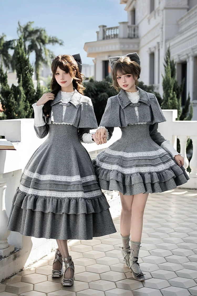 Grey [Letters and Poems · Old Memories] Stand Collar Long Sleeves Double-Layered Ruffled Bow Classic Elegant Lolita Dress 2 Versions - Product - 4