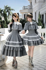 Grey [Letters and Poems · Old Memories] Stand Collar Long Sleeves Double-Layered Ruffled Bow Classic Elegant Lolita Dress 2 Versions - Product - 4