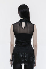 Black High Collar Sleeveless Stitching Lace Lace-Up Mesh Women's Gothic T-Shirt - Product - 2