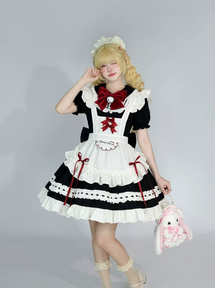Black and Red Ruffled Maid Lolita Dress with Apron Bow Accent - view 4