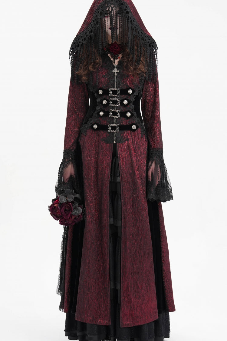 Red Buckle-up Tassels Women's Gothic Jacket with Hood - Product - 3