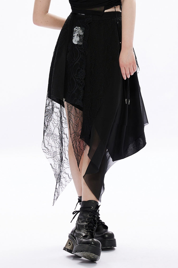 Black Lace Chiffon Irregular Hem Women's Gothic Skirt - Black - 1