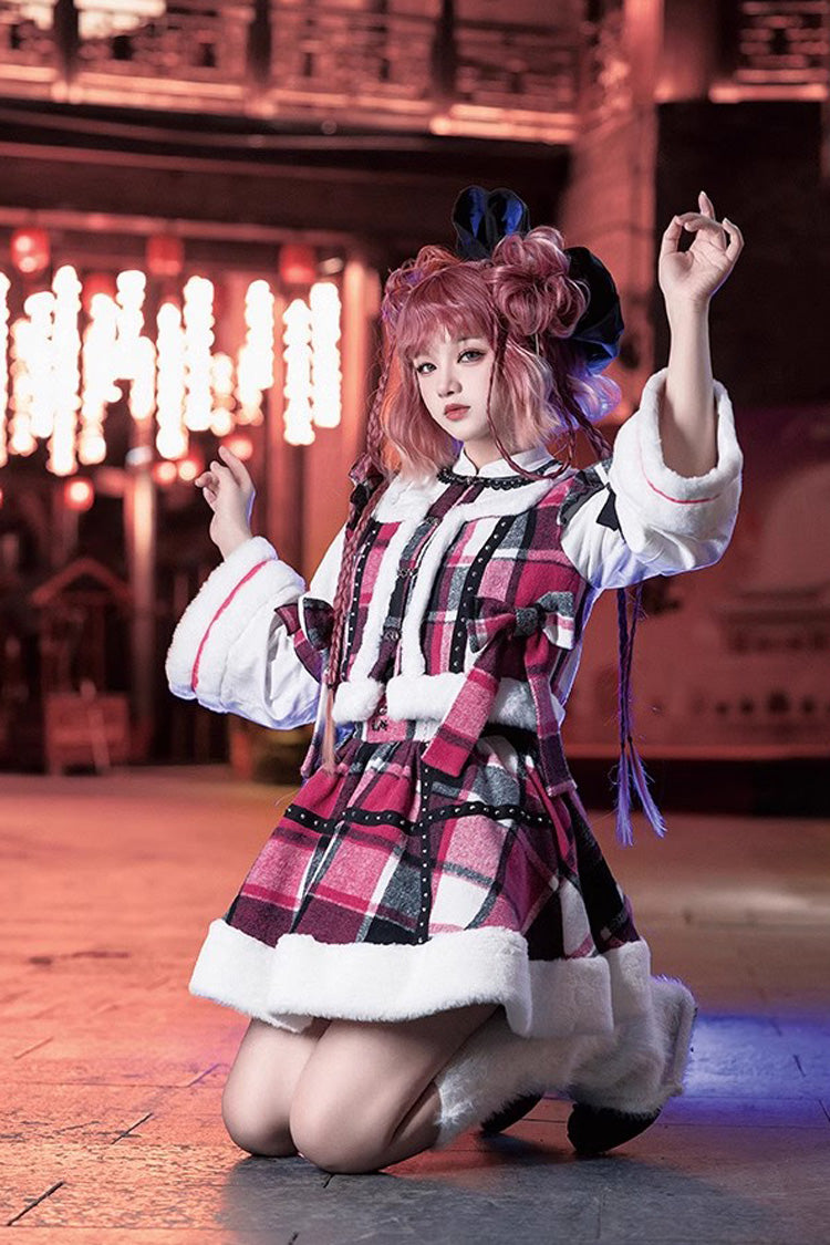 Multi-Color Plaid Print Bowknot Autumn Winter Sweet Chinese Style Lolita Skirt Set - Product - 5