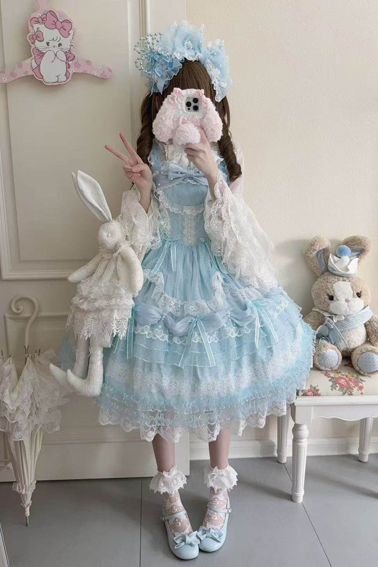 Blue [Sugar Heart Knot] Multi-Layered Ruffled Bow Lace Sweet Lolita Jsk Dress - Product - 8