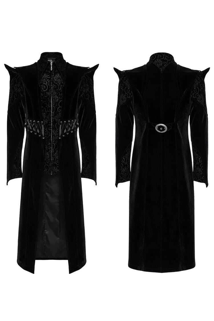 Black Stand Collar Jacquard Print Waist Cord Decoration Mens Gothic Mid Length Coat - Product - 5