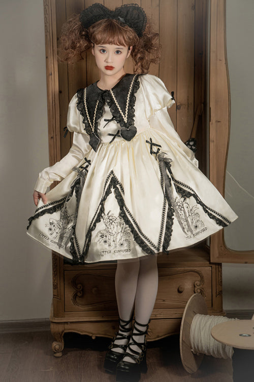 Beige Doll Lapel Collar Long Sleeves Little Confused Print High Waisted Sweet Lolita OP Dress - Product - 2