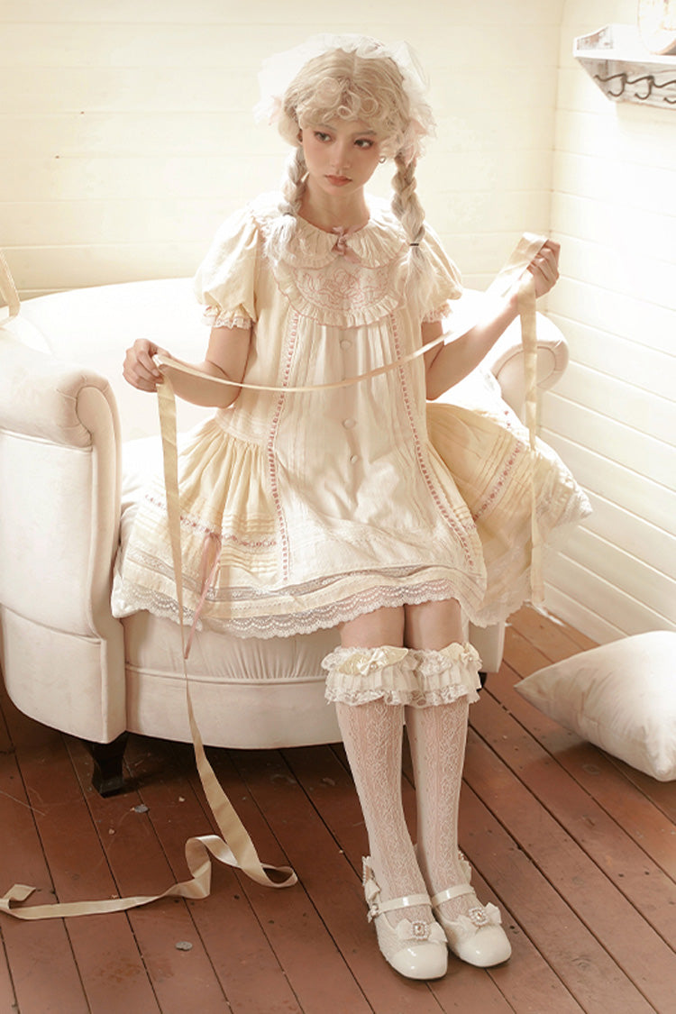 Light Yellow Doll Collar Short Sleeves Little Angel Print Bowknot Lace Sweet Lolita Dress - Product - 4