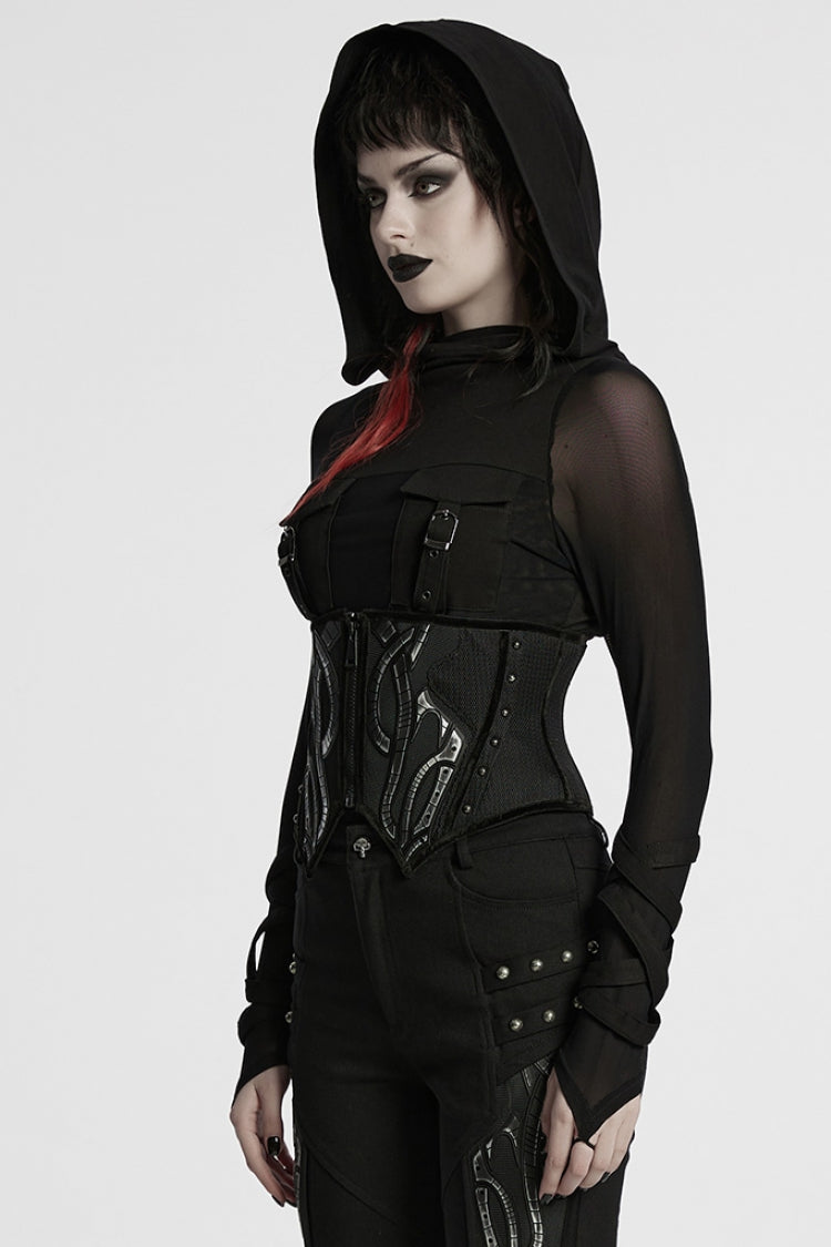 Black Irregular Mesh Zipper Women's Punk Underbust Corset - Product - 2