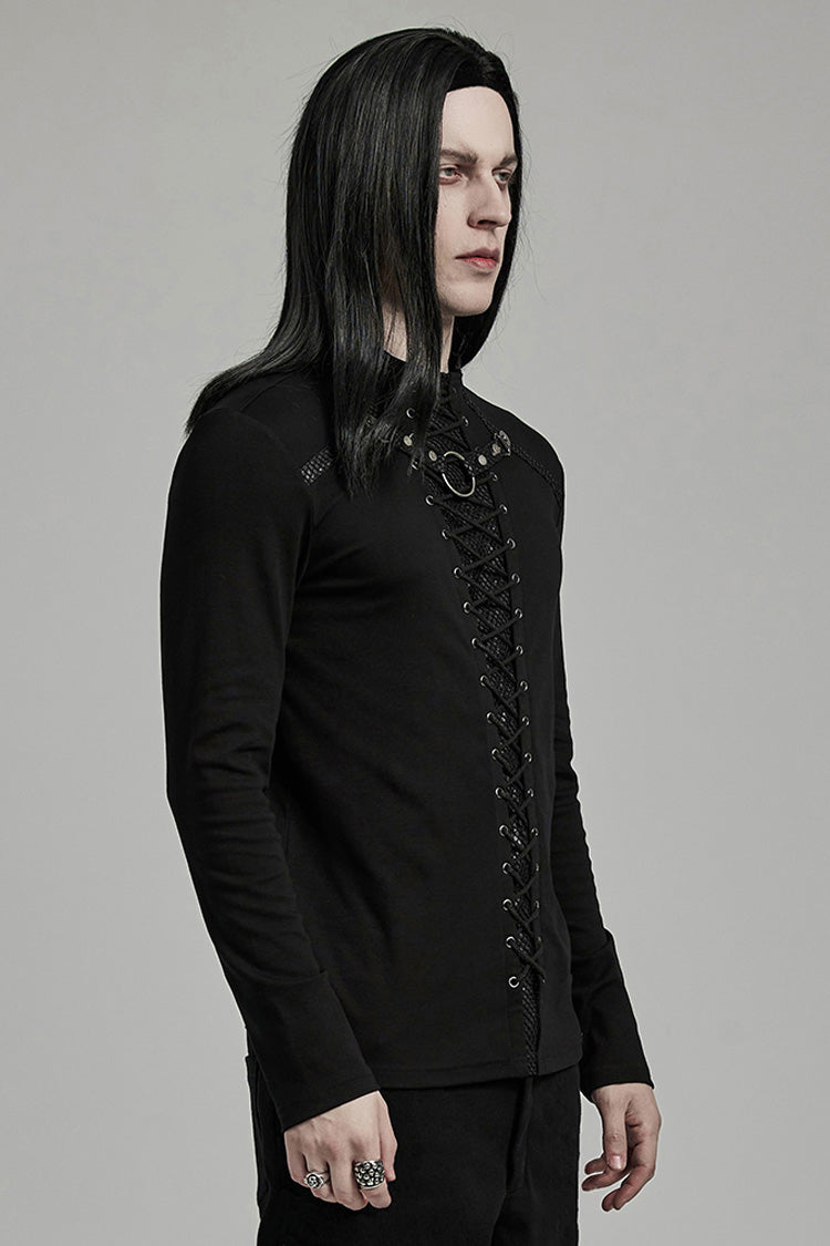 Black Long Sleeves Stitching Lace-Up Ripped Men's Punk Blouse - Product - 2