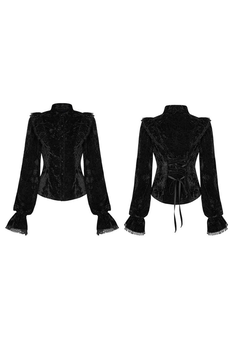 Black Gothic Velvet High Collar Front Chest Flounce Lace Cuff Back Waist Lace Up Print Women's Blouse - Product - 5