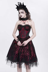 Red Halterneck Skeleton Print Embroidery Stitching Lace Women's Gothic Dress - Red - 1