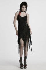 Black Sleeveless Lace Irregular Ripped Women's Gothic Party Slip Dress - Product - 4