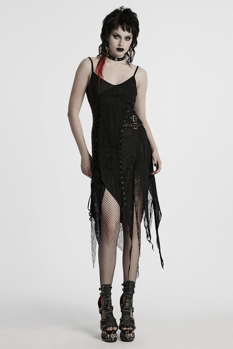 Black Sleeveless Lace Irregular Ripped Women's Gothic Party Slip Dress - Product - 4