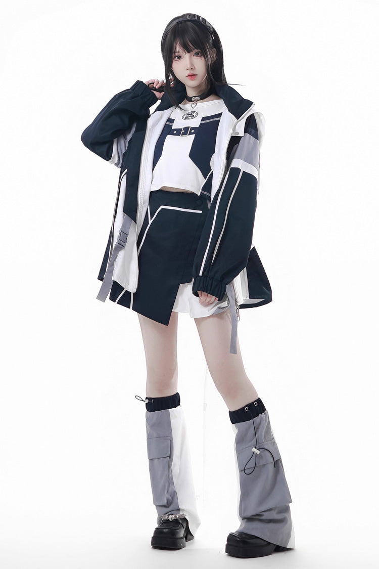 Blue/White [Message Overload] Techwear Long Sleeves Embroidered Asymmetric Jirai Kei Coat Skirt Set - Full-Set - 1