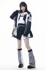 Blue/White [Message Overload] Techwear Long Sleeves Embroidered Asymmetric Jirai Kei Coat Skirt Set - Full-Set - 1