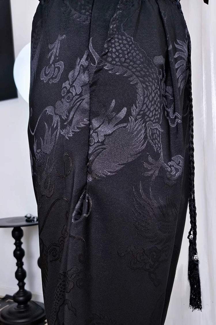 Black Dragon-Pattern Jacquard Printed Ouji Gothic Chinese Style Handsome Lolita Tassel Pants - Product - 8