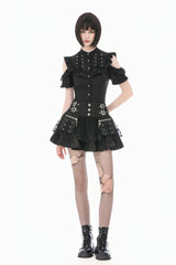 Black Mandarin Collar Cold‑Shoulder Puff Sleeves Ruffled Cut-Out Lace-Up Women's Gothic Blouse - Product - 8