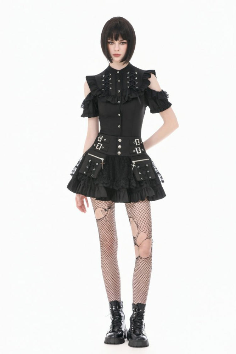 Black Mandarin Collar Cold‑Shoulder Puff Sleeves Ruffled Cut-Out Lace-Up Women's Gothic Blouse - Product - 8