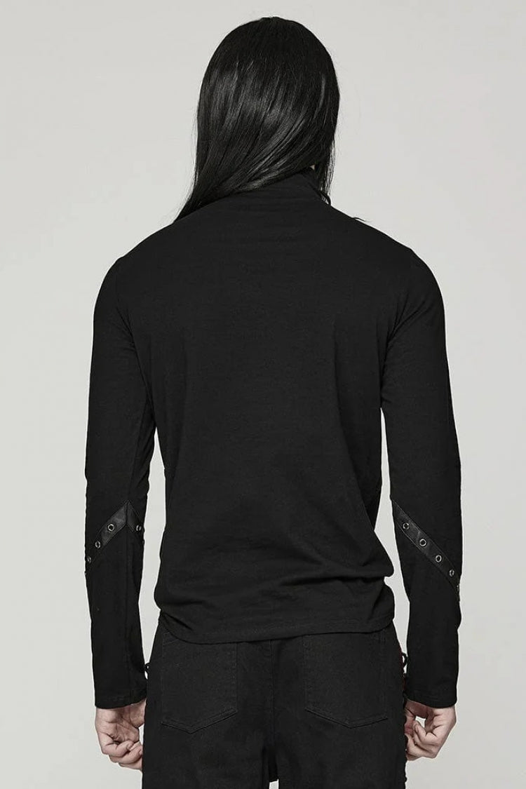 Black Stand Collar Long Sleeves Ripped Metal Chain Mens Steampunk T-Shirt - Product - 3