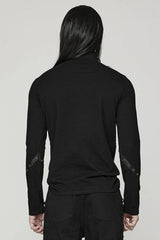 Black Stand Collar Long Sleeves Ripped Metal Chain Mens Steampunk T-Shirt - Product - 3