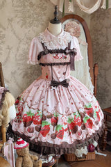 Pink [Strawberry Chocolate Lover] Sleeveless Printed Ruffled Embroidered Bow Lace Sweet Lolita Jsk Dress - Product - 6