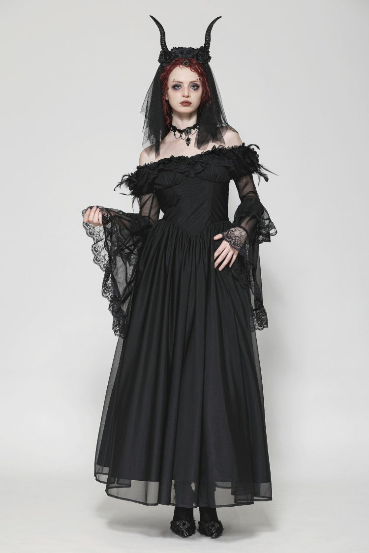 Black Off Shoulder Boat Neck Multi-Layered Long Trumpet Sleeves Lace Spliced Tulle Lace-Up Women's Gothic Fantasy Dress - Product - 7
