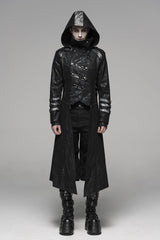 Black Stand Collar Stretch Twill Fabric Hooded Men's Gothic Long Jacket - Black - 1