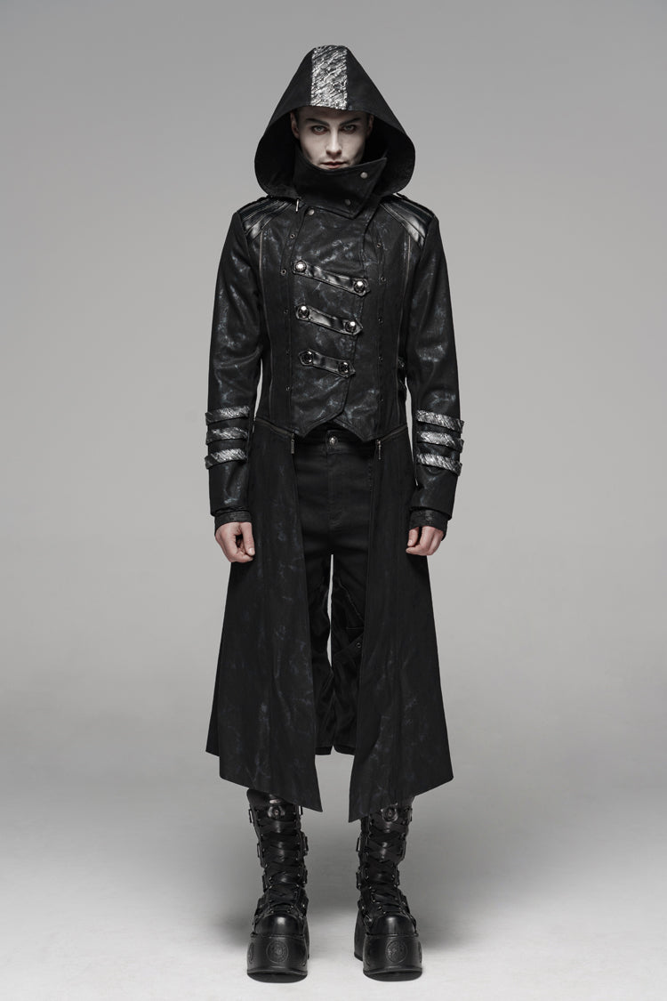 Black Stand Collar Stretch Twill Fabric Hooded Men's Gothic Long Jacket - Black - 1