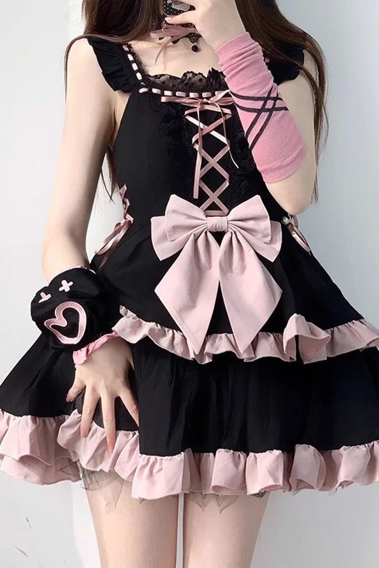Black/Pink Double Layer Ruffle Bowknot Lace-Up Sweet Princess Lolita Jsk Dress - Product - 6