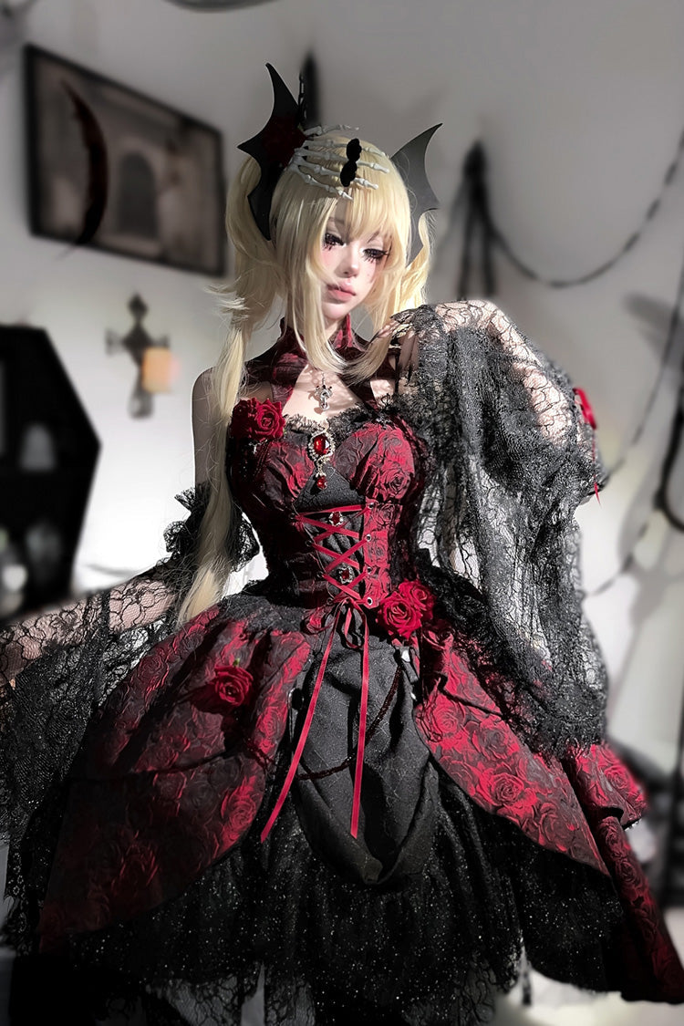 Black/Red [Weeping Rose] Jacquard Print Ruffle Cardigan Bowknot Lace-Up Gothic Lolita Dress - Product - 10