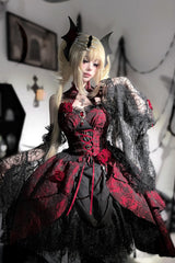 Black/Red [Weeping Rose] Jacquard Print Ruffle Cardigan Bowknot Lace-Up Gothic Lolita Dress - Product - 10