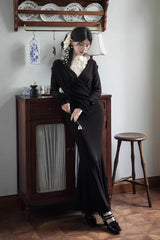 Black [Secret Crush] Long Sleeves Stretch Knit Slim Gothic Lolita Fishtail Dress - Black(Dress-Only) - 1