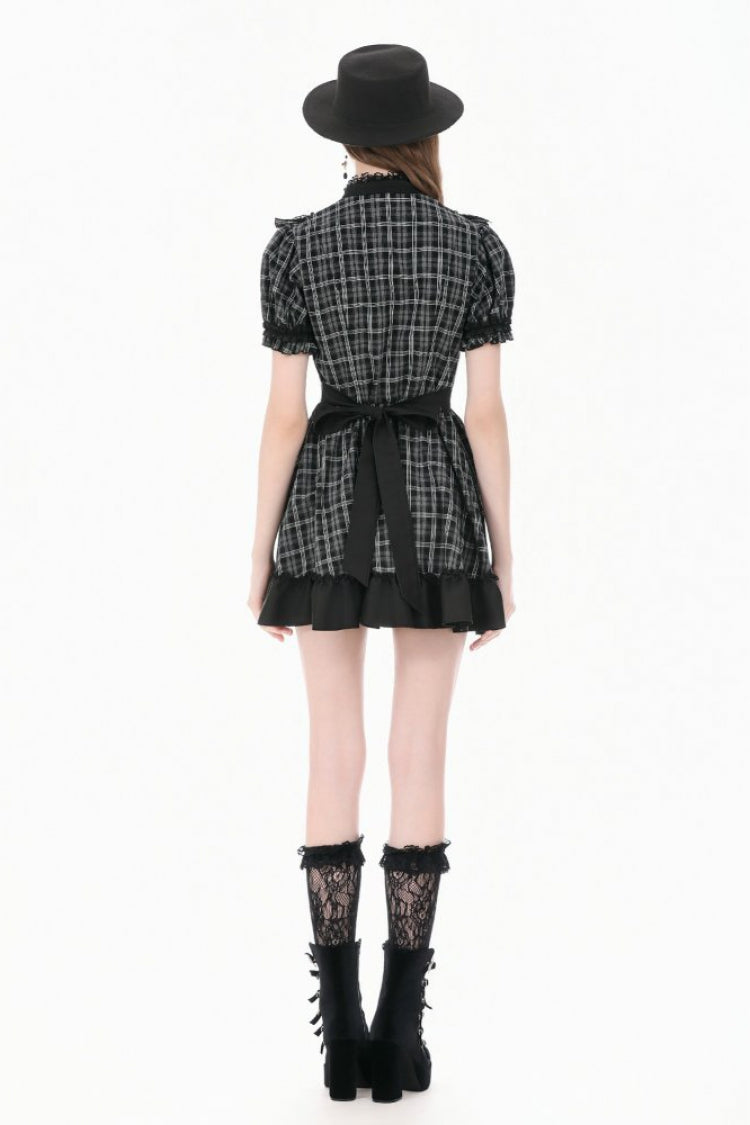 Black/White Plaid Stand Collar Short Puff Sleeves Ruffled  Lace Lace-Up Women's Lolita Gothic Dress - Product - 4