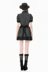 Black/White Plaid Stand Collar Short Puff Sleeves Ruffled  Lace Lace-Up Women's Lolita Gothic Dress - Product - 4