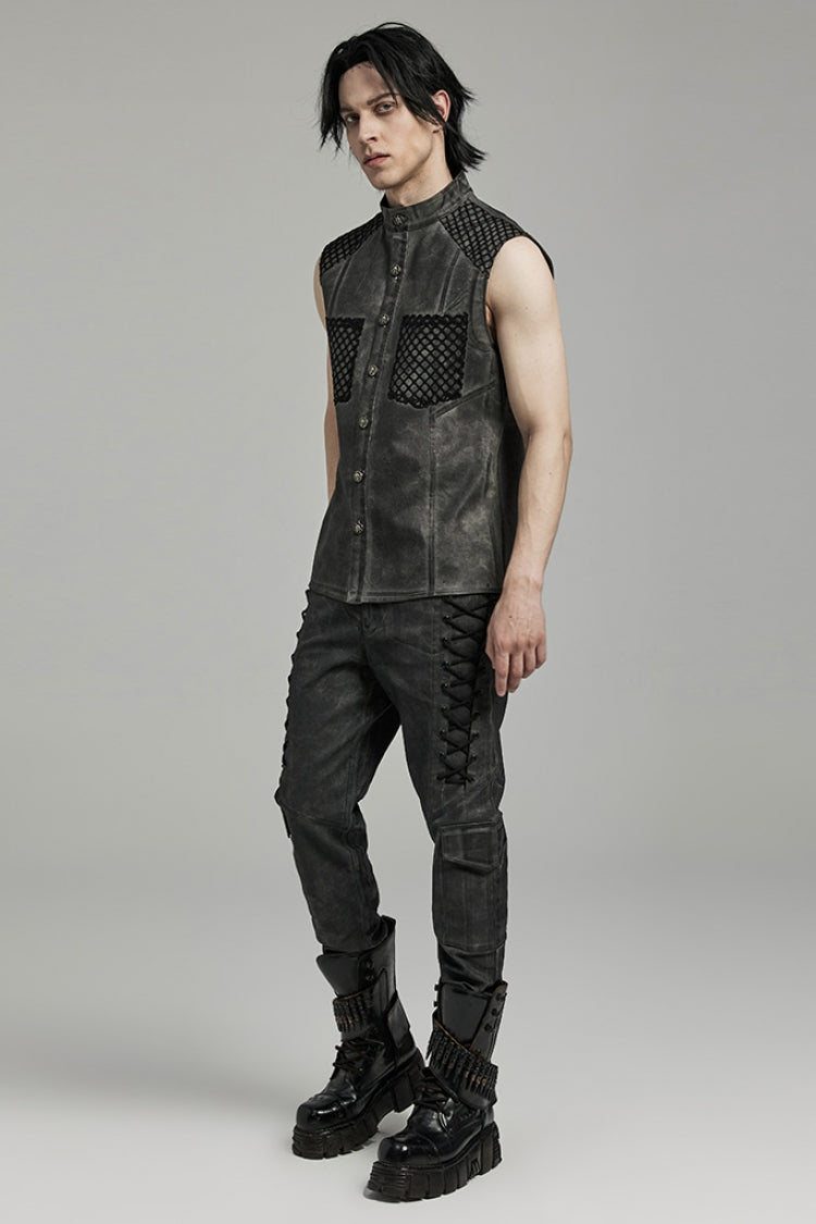 Grey Stand Collar Stitching Men's Punk Vest - Product - 4
