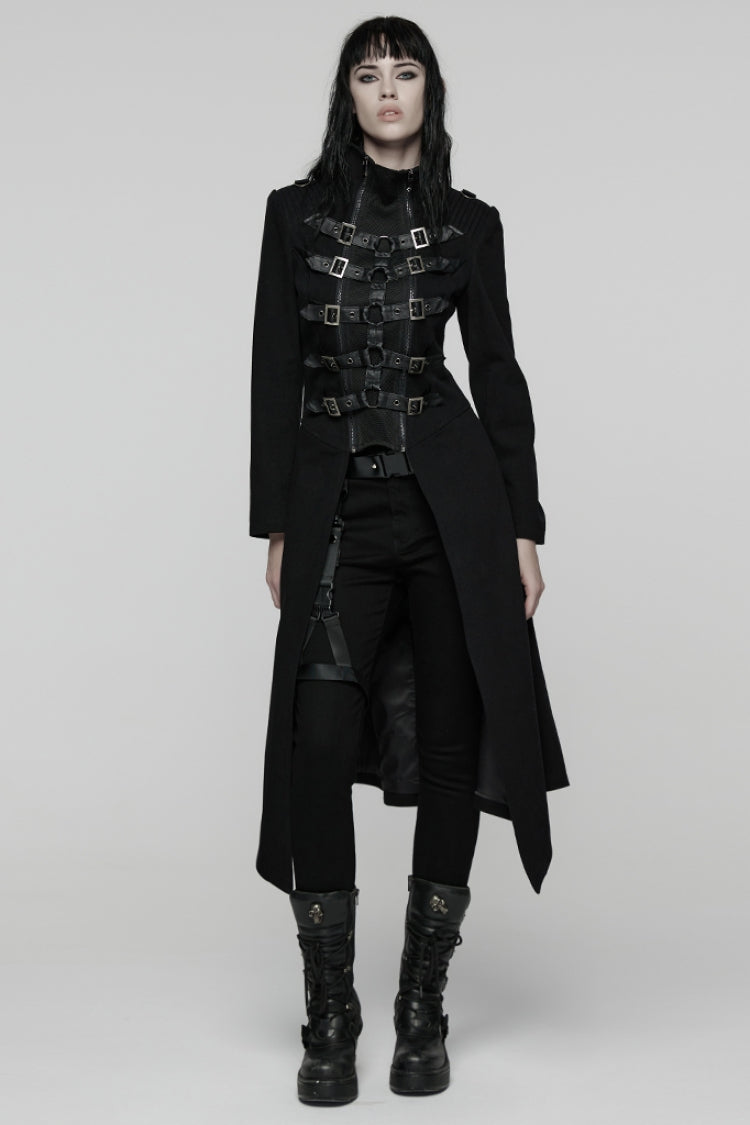 Black Stand Collar Long Sleeves Lace-Up Mesh Buckle Women's Punk Coat - Product - 3