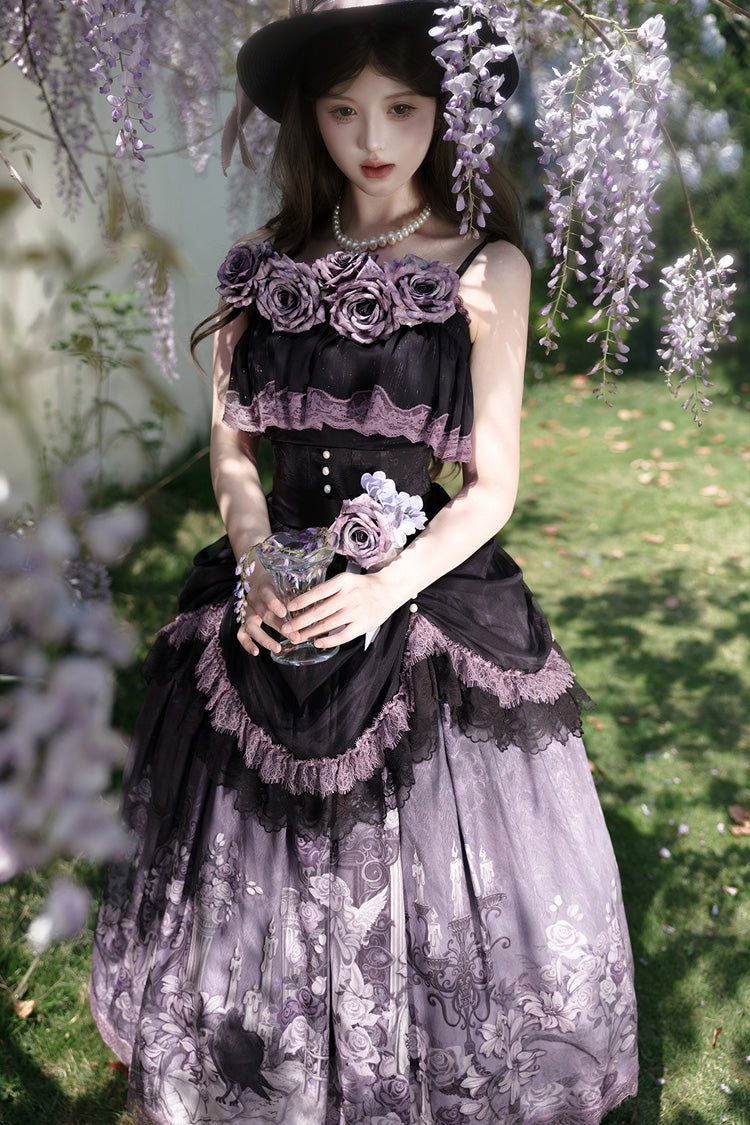 Black/Purple [Angel Garden] Sleeveless Print Ruffle Bowknot Lace Sweet Gothic Lolita Skirt Set - Product - 10