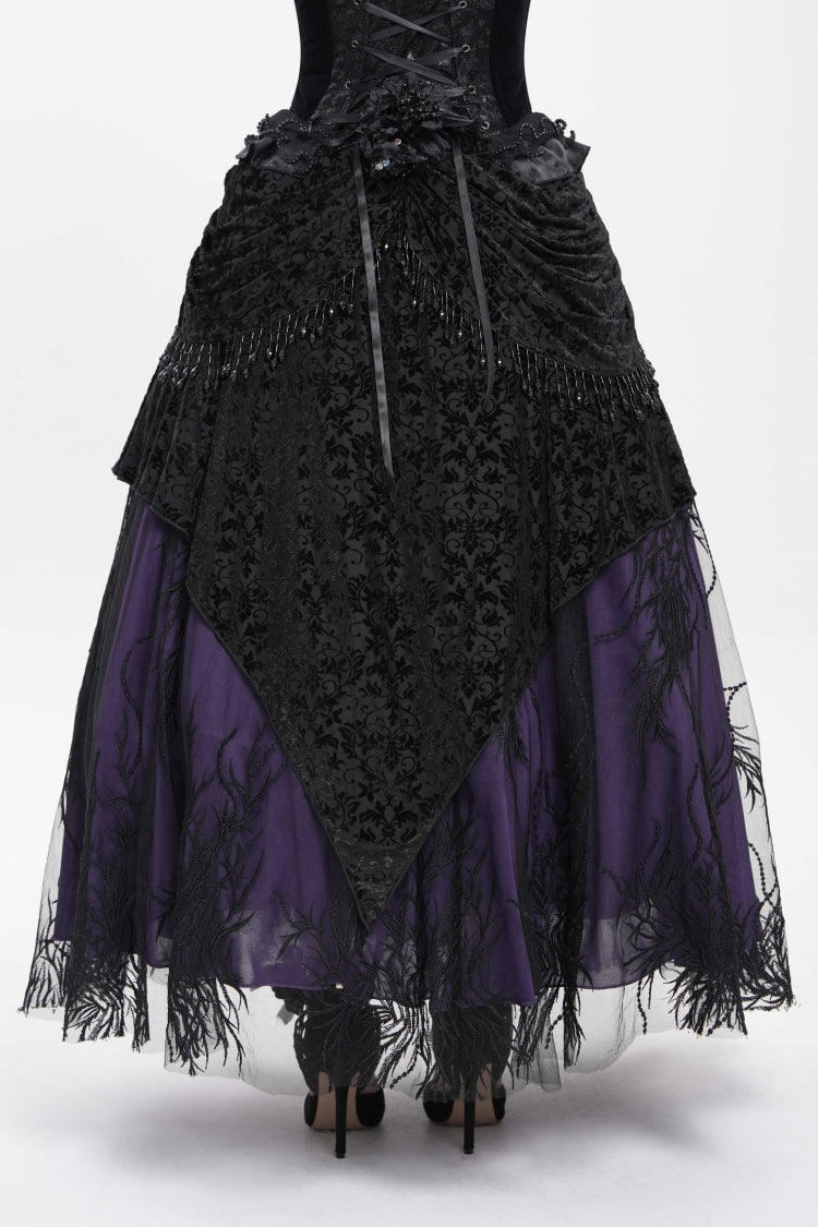 Black/Purple Floral Embroidered Beaded Women's Gothic Long Skirt - Product - 5