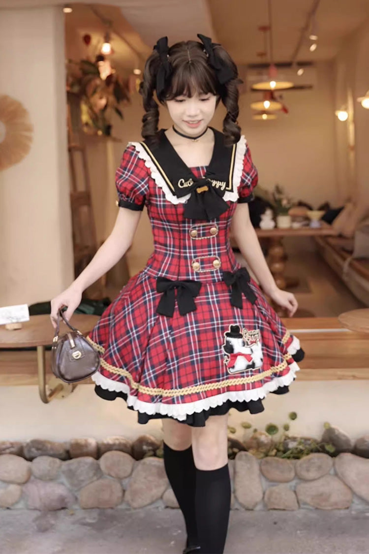 Red [Dalmatian] Short Sleeves Print Ruffle Bowknot Slim Sweet Lolita Dress - Product - 5