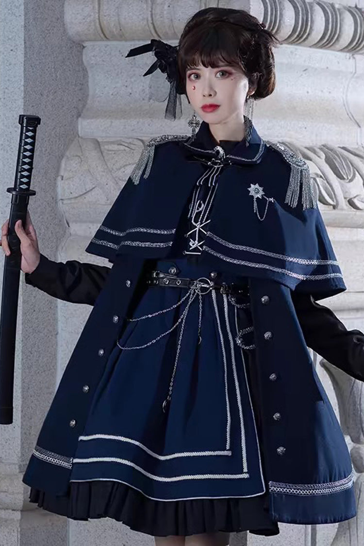 Blue Ruffle Lace-Up Gothic Military Handsome Lolita Dress - Blue - 1