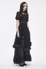 Black Short Sleeves Print Ruffle Lace Sheer Women's Gothic Blouse - Product - 3