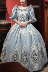 Blue Medieval Court Print Embroidery Vintage Princess Lolita Victorian Dress - Blue - 1