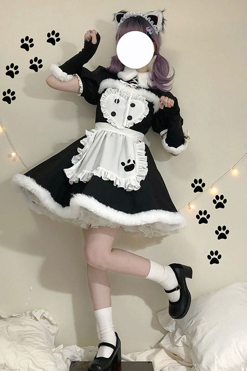 Black/White Cat Paw Print Short Sleeves Maid Sweet Lolita Dress Set - Product - 4