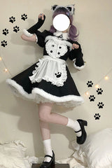 Black/White Cat Paw Print Short Sleeves Maid Sweet Lolita Dress Set - Product - 4