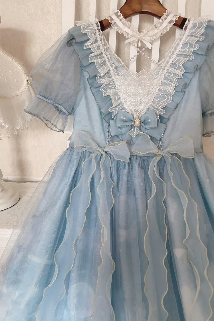 Blue High Waisted Planet Butterfly Print Ruffle Lace Sweet Lolita Dress - Product - 18