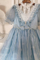 Blue High Waisted Planet Butterfly Print Ruffle Lace Sweet Lolita Dress - Product - 18