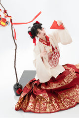 Red/Apricot V Collar Lantern Sleeves High Waisted Print Hot Stamping Women's Sweet Classic Hanfu Two Piece - Product - 3