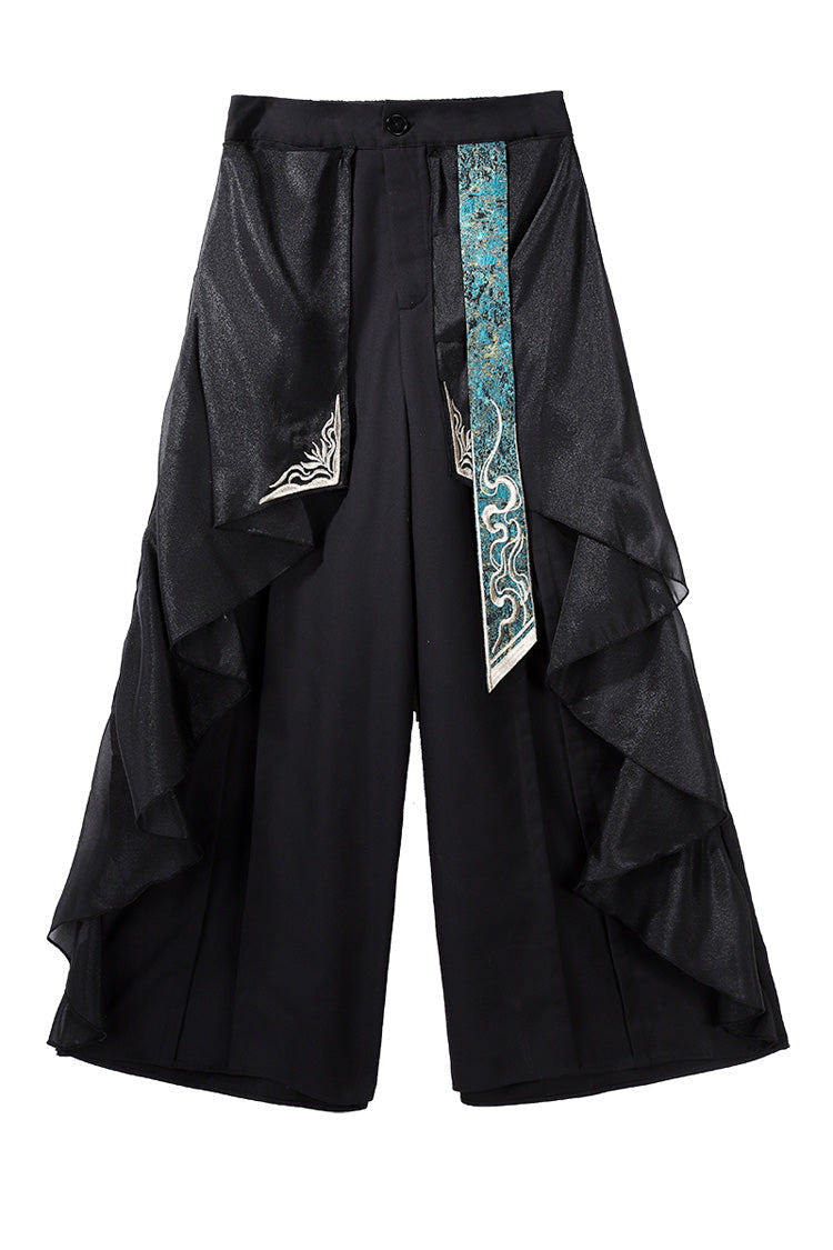 Black/Green Round Collar Long Sleeves Ruffle Embroidery Chinese Style Vintage Handsome Ouji Lolita Set - Product - 15
