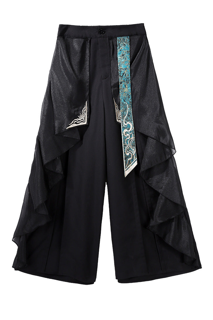 Black/Green Round Collar Long Sleeves Ruffle Embroidery Chinese Style Vintage Handsome Ouji Lolita Set - Product - 15