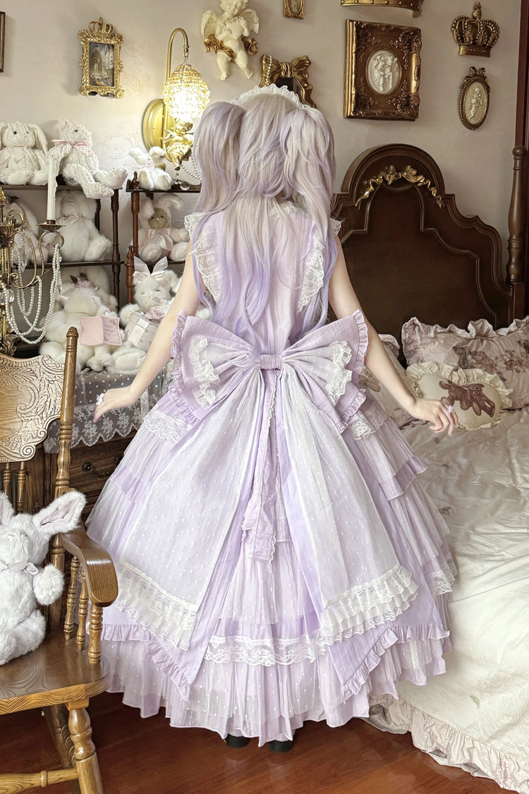 Purple [Aegean] Square Collar Flutter Sleeves Multi-Layered Ruffled Bow Sweet Lolita Jsk Dress Set - Product - 3